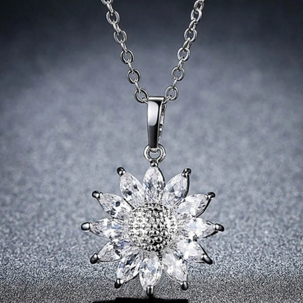 Dainty Sunflower Pendant Necklace Silver Tone